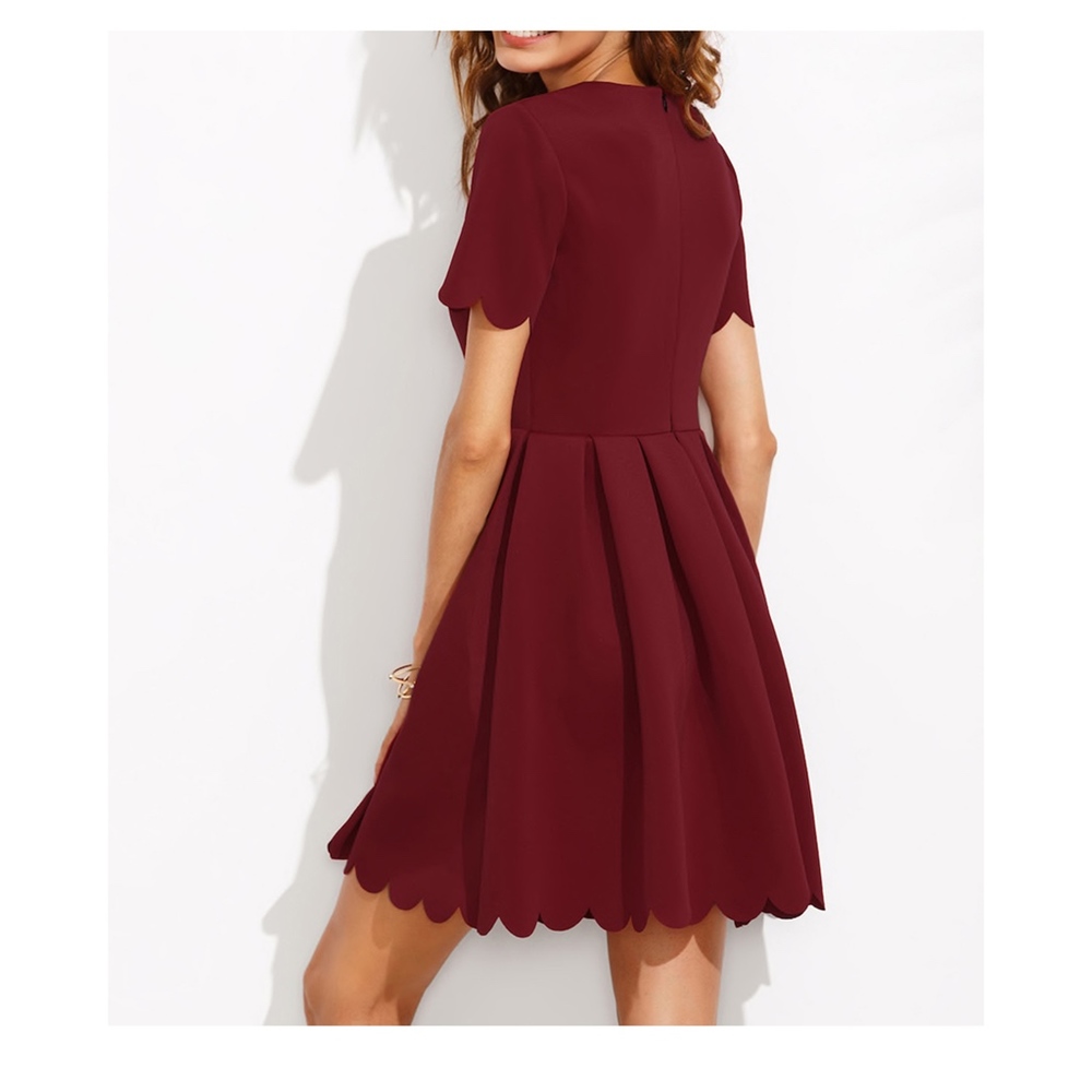 V Neck Fit & Flare Scallop Skater Dress Burgundy Red - Picture 4 of 7